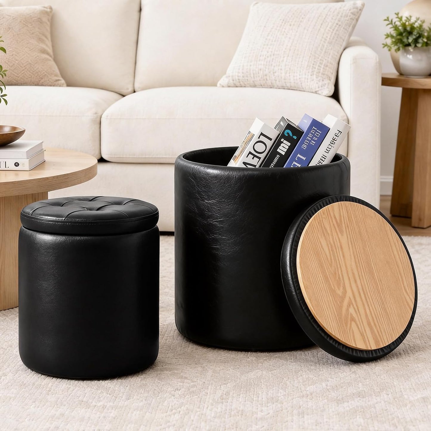 Round Set of 2 14.76" L x 14.76" W x 17.32" H Faux Leather Ottoman with Storage, Small Foot Rest Storage Ottomen with Lid Living Room, Bedroom Vanity Stool Chair, Coffee