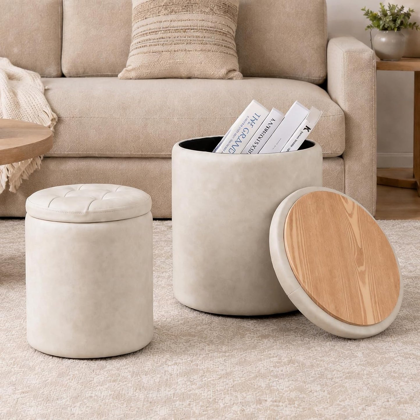 Round Set of 2 14.76" L x 14.76" W x 17.32" H Faux Leather Ottoman with Storage, Small Foot Rest Storage Ottomen with Lid Living Room, Bedroom Vanity Stool Chair, Coffee