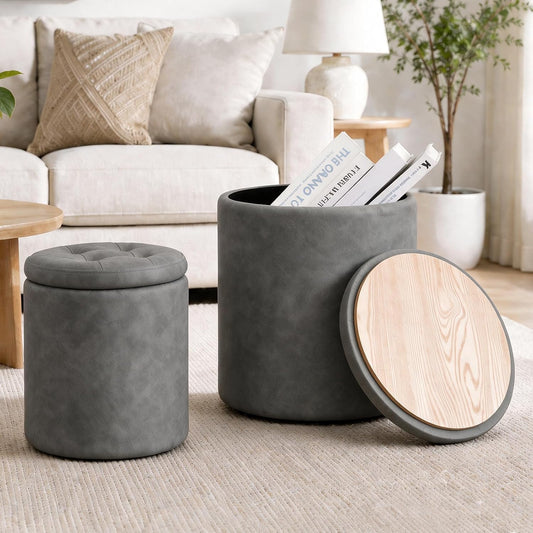 Round Set of 2 14.76" L x 14.76" W x 17.32" H Faux Leather Ottoman with Storage, Small Foot Rest Storage Ottomen with Lid Living Room, Bedroom Vanity Stool Chair, Coffee