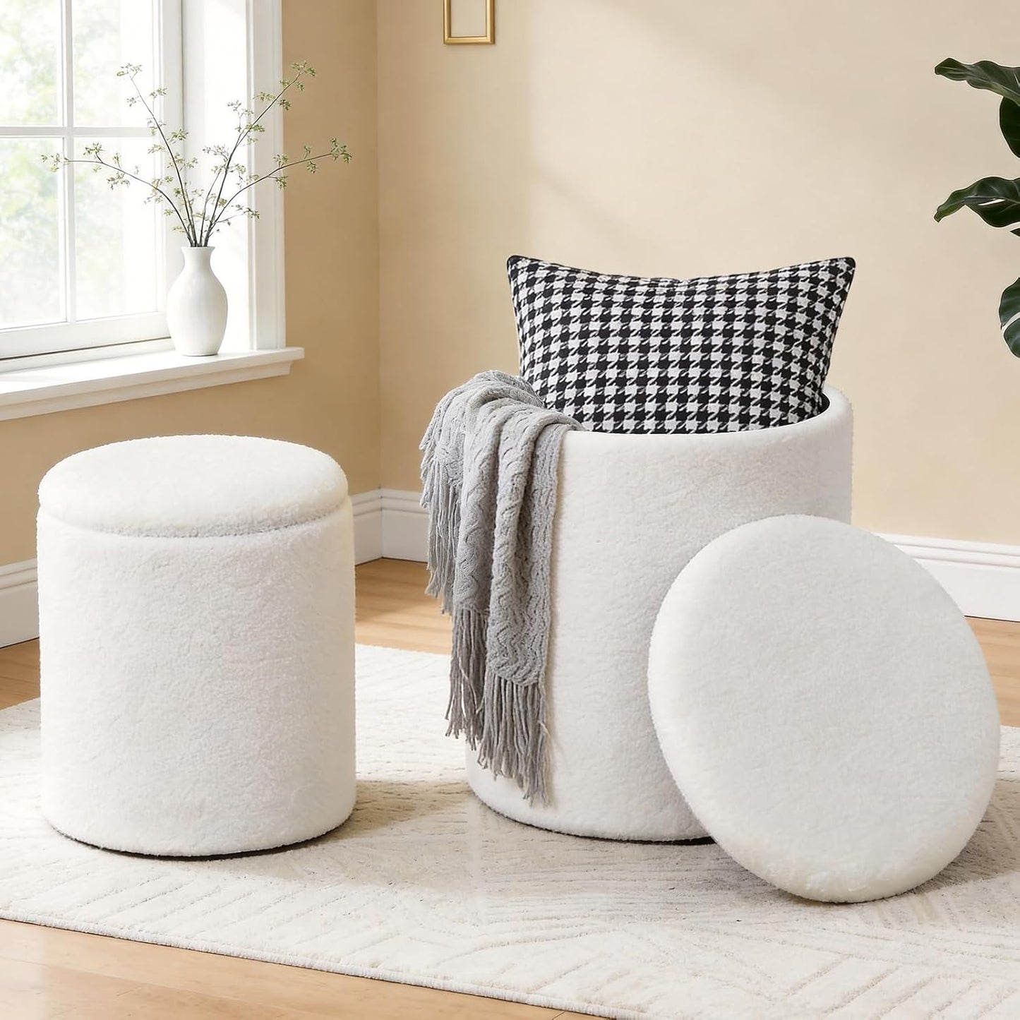 Round Set of 2 14.76" L x 14.76" W x 17.32" H Faux Leather Ottoman with Storage, Small Foot Rest Storage Ottomen with Lid Living Room, Bedroom Vanity Stool Chair, Coffee
