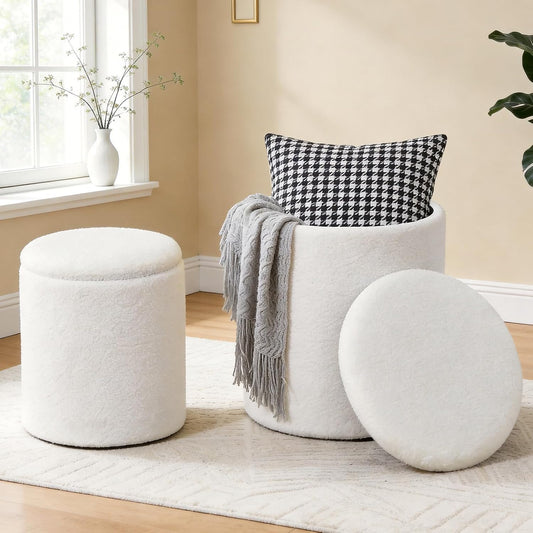 Round Set of 2 14.76" L x 14.76" W x 17.32" H Faux Leather Ottoman with Storage, Small Foot Rest Storage Ottomen with Lid Living Room, Bedroom Vanity Stool Chair, Coffee
