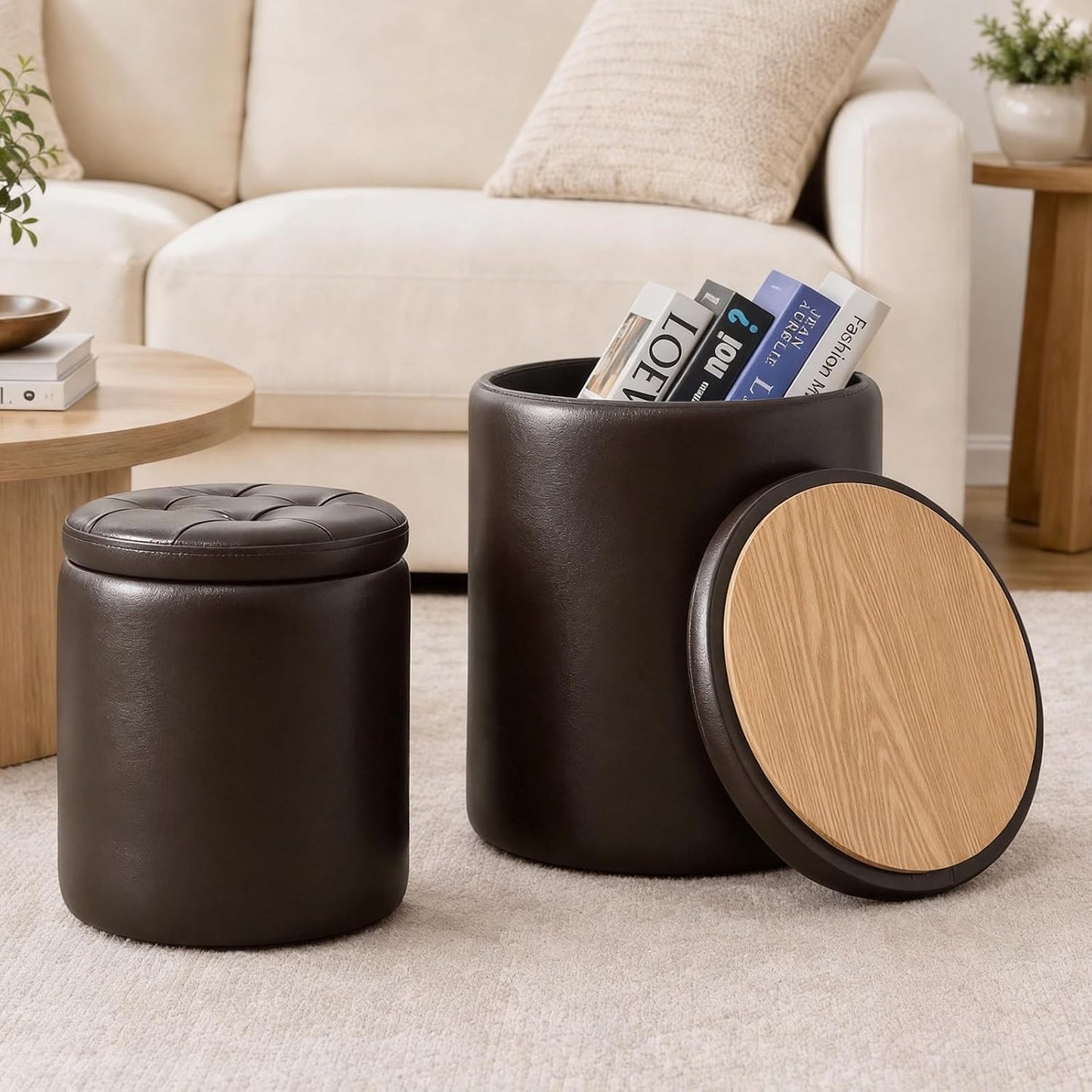 Round Set of 2 14.76" L x 14.76" W x 17.32" H Faux Leather Ottoman with Storage, Small Foot Rest Storage Ottomen with Lid Living Room, Bedroom Vanity Stool Chair, Coffee