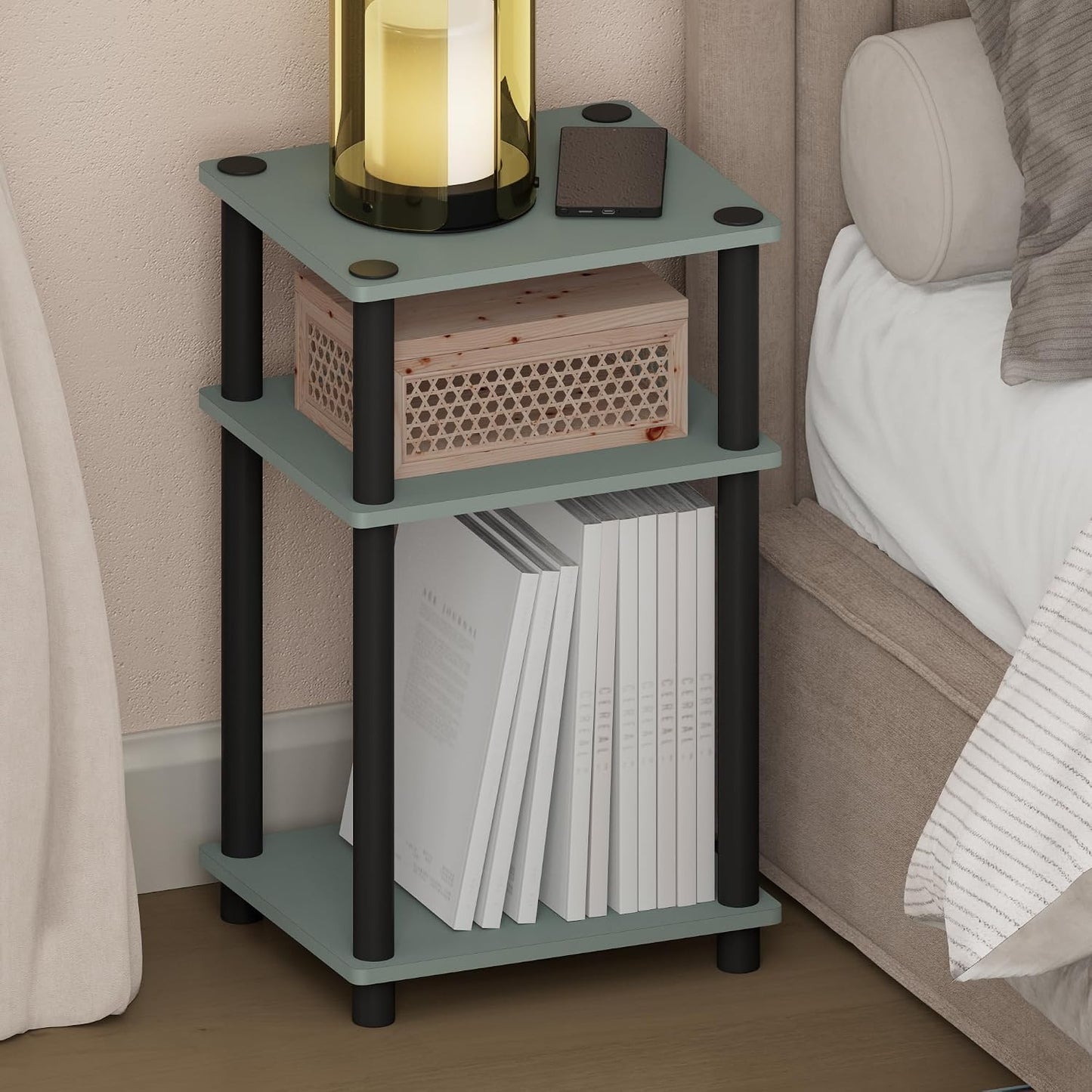 JUST Toolless 3-Tier Night Stand, Open Storage, Americano