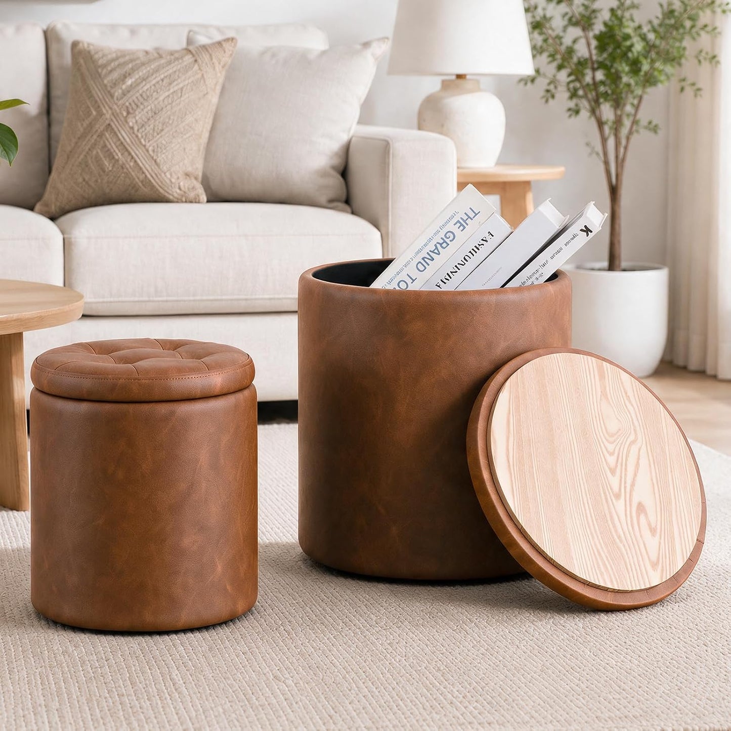 Round Set of 2 14.76" L x 14.76" W x 17.32" H Faux Leather Ottoman with Storage, Small Foot Rest Storage Ottomen with Lid Living Room, Bedroom Vanity Stool Chair, Coffee