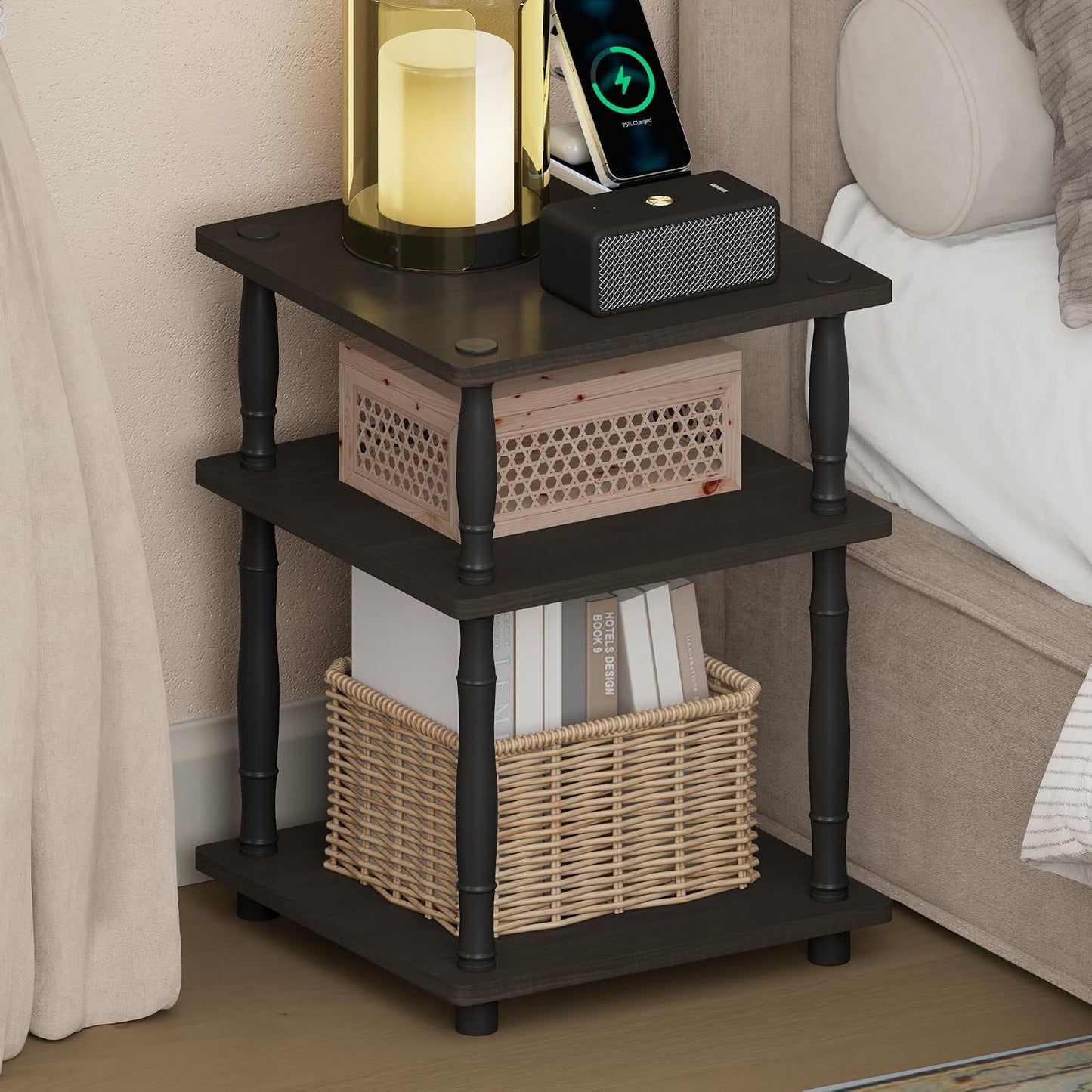 JUST Toolless 3-Tier Night Stand, Open Storage, Americano