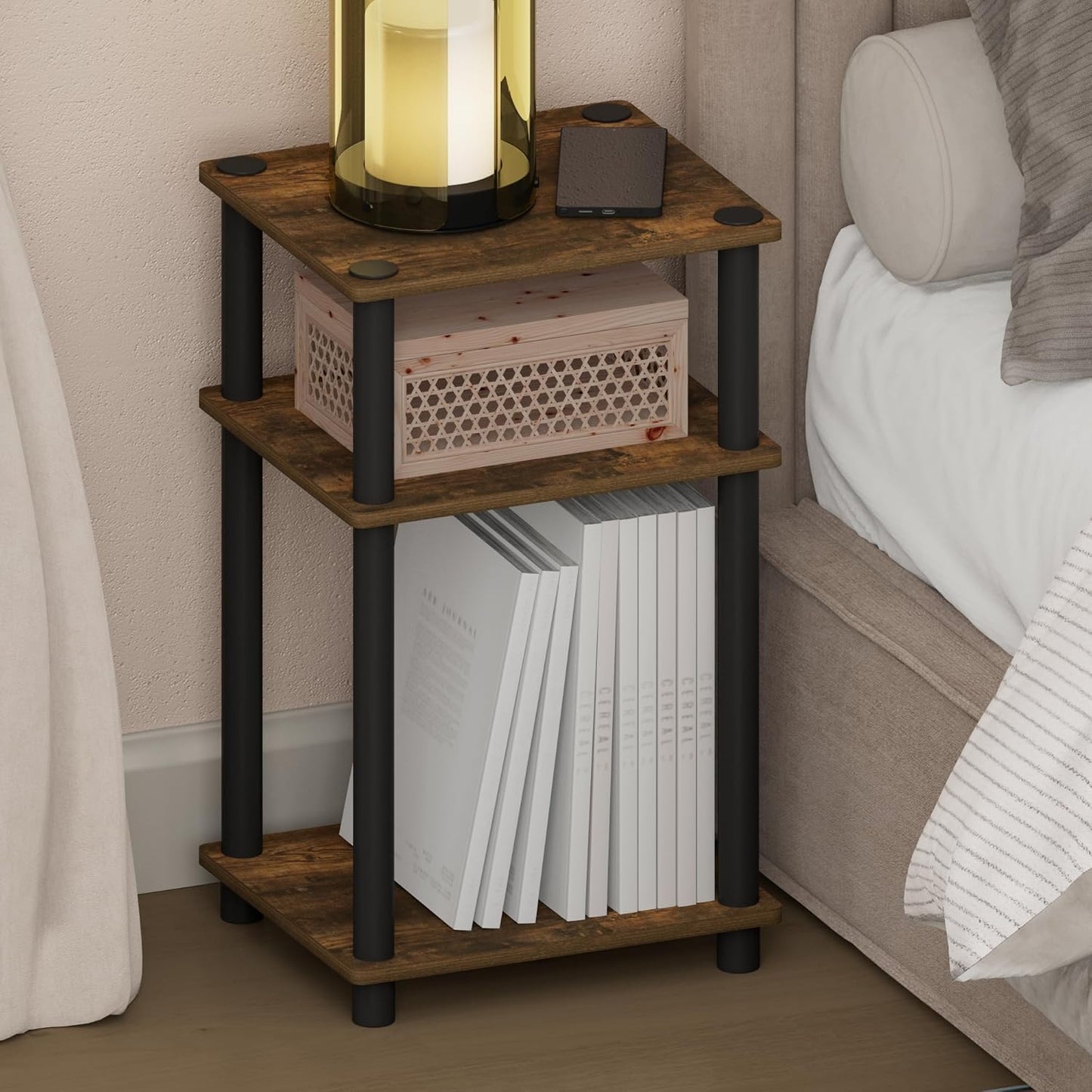 JUST Toolless 3-Tier Night Stand, Open Storage, Americano