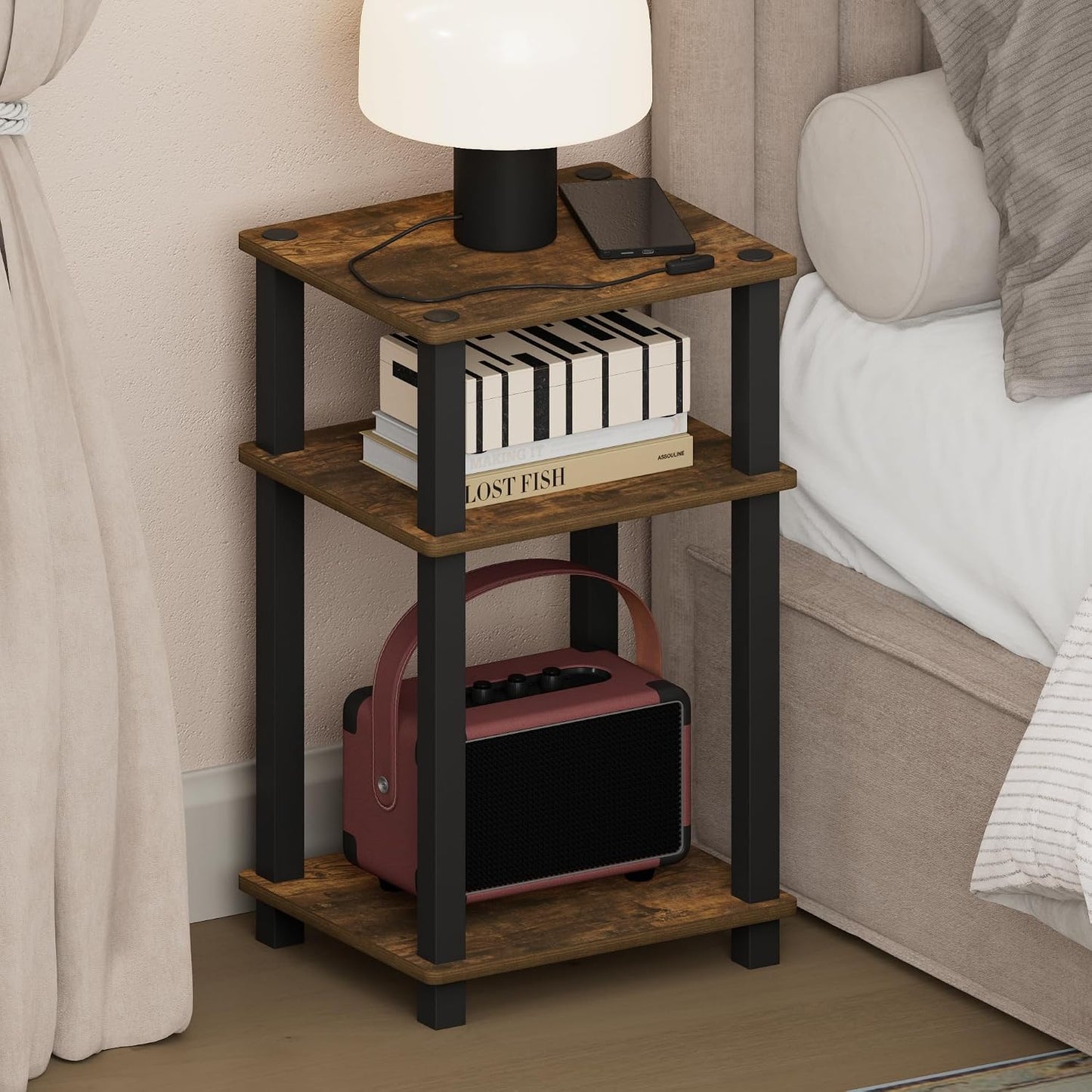 JUST Toolless 3-Tier Night Stand, Open Storage, Americano